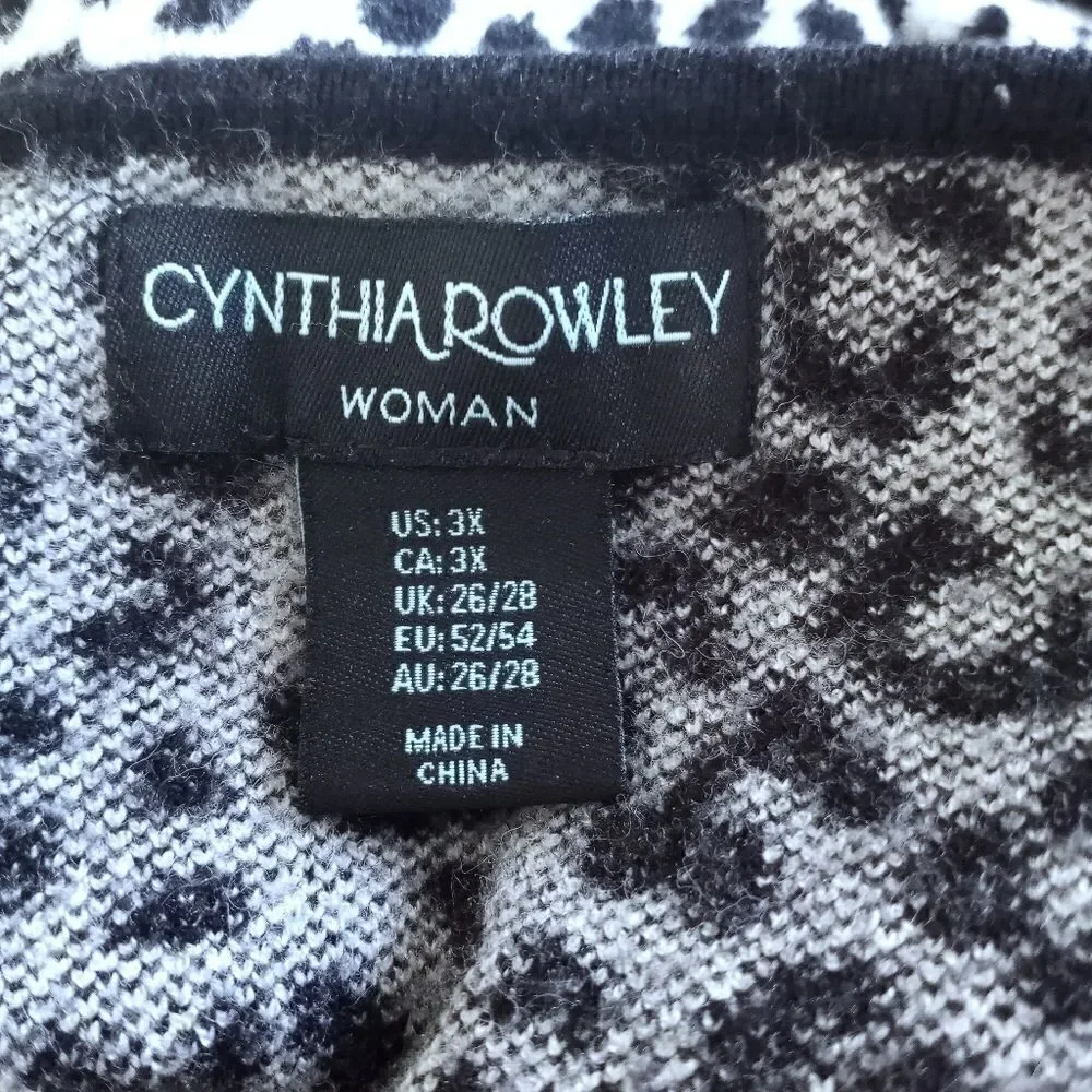 CYNTHIA ROWLEY BLACK WHITE ANIMAL PRINT 3/4 SLEEVE SWEATER PLUS SIZE 3X EUC.